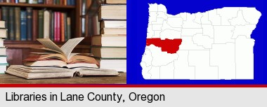 books on a library table and on library bookshelves; Lane County highlighted in red on a map