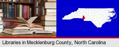 books on a library table and on library bookshelves; Mecklenburg County highlighted in red on a map