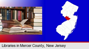 books on a library table and on library bookshelves; Mercer County highlighted in red on a map