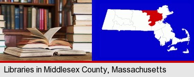 books on a library table and on library bookshelves; Middlesex County highlighted in red on a map