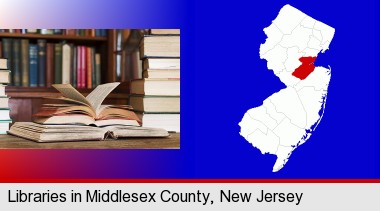 books on a library table and on library bookshelves; Middlesex County highlighted in red on a map