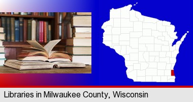 books on a library table and on library bookshelves; Milwaukee County highlighted in red on a map