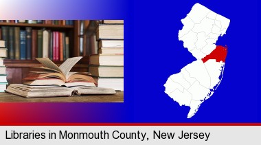 books on a library table and on library bookshelves; Monmouth County highlighted in red on a map