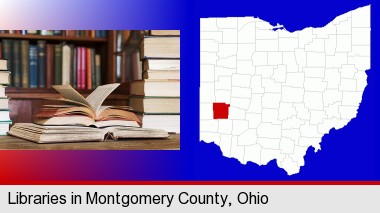 books on a library table and on library bookshelves; Montgomery County highlighted in red on a map
