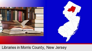 books on a library table and on library bookshelves; Morris County highlighted in red on a map