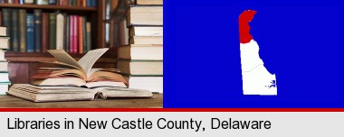 books on a library table and on library bookshelves; New Castle County highlighted in red on a map