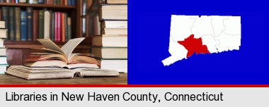 books on a library table and on library bookshelves; New Haven County highlighted in red on a map