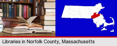 books on a library table and on library bookshelves; Norfolk County highlighted in red on a map