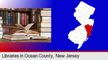 books on a library table and on library bookshelves; Ocean County highlighted in red on a map