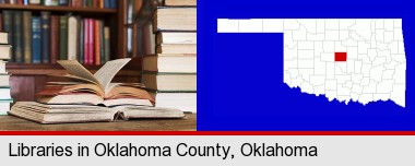 books on a library table and on library bookshelves; Oklahoma County highlighted in red on a map