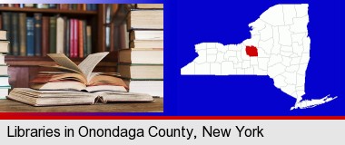 books on a library table and on library bookshelves; Onondaga County highlighted in red on a map