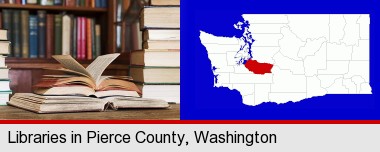 books on a library table and on library bookshelves; Pierce County highlighted in red on a map