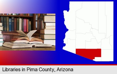 books on a library table and on library bookshelves; Pima County highlighted in red on a map