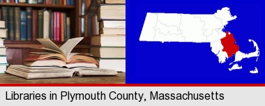 books on a library table and on library bookshelves; Plymouth County highlighted in red on a map