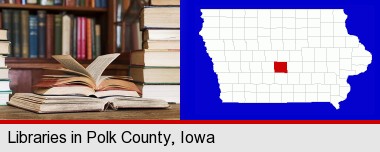 books on a library table and on library bookshelves; Polk County highlighted in red on a map