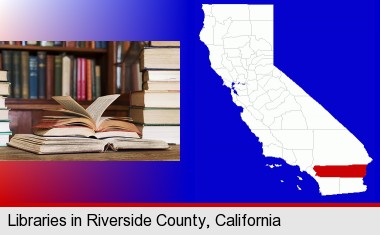 books on a library table and on library bookshelves; Riverside County highlighted in red on a map
