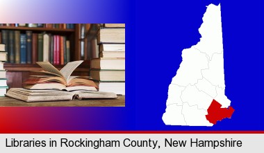 books on a library table and on library bookshelves; Rockingham County highlighted in red on a map