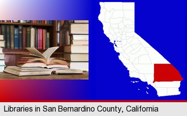 books on a library table and on library bookshelves; San Bernardino County highlighted in red on a map