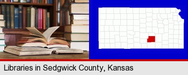 books on a library table and on library bookshelves; Sedgwick County highlighted in red on a map