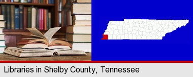 books on a library table and on library bookshelves; Shelby County highlighted in red on a map