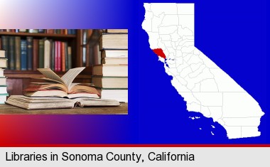 books on a library table and on library bookshelves; Sonoma County highlighted in red on a map