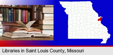books on a library table and on library bookshelves; St Francois County highlighted in red on a map