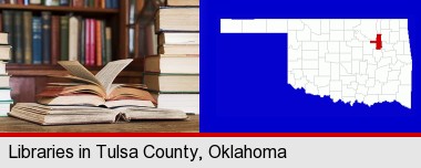 books on a library table and on library bookshelves; Tulsa County highlighted in red on a map