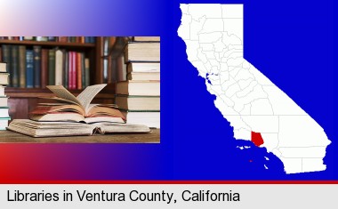 books on a library table and on library bookshelves; Ventura County highlighted in red on a map