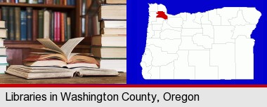 books on a library table and on library bookshelves; Washington County highlighted in red on a map