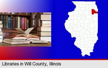 books on a library table and on library bookshelves; Will County highlighted in red on a map