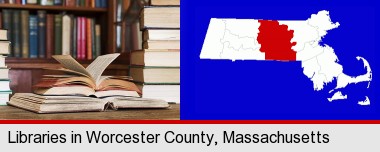 books on a library table and on library bookshelves; Worcester County highlighted in red on a map